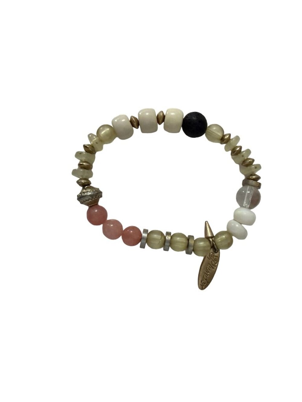 Plunder Designs Boho Mixed Bead Stretch Bracelet Pink Cream Olive Gold Tone